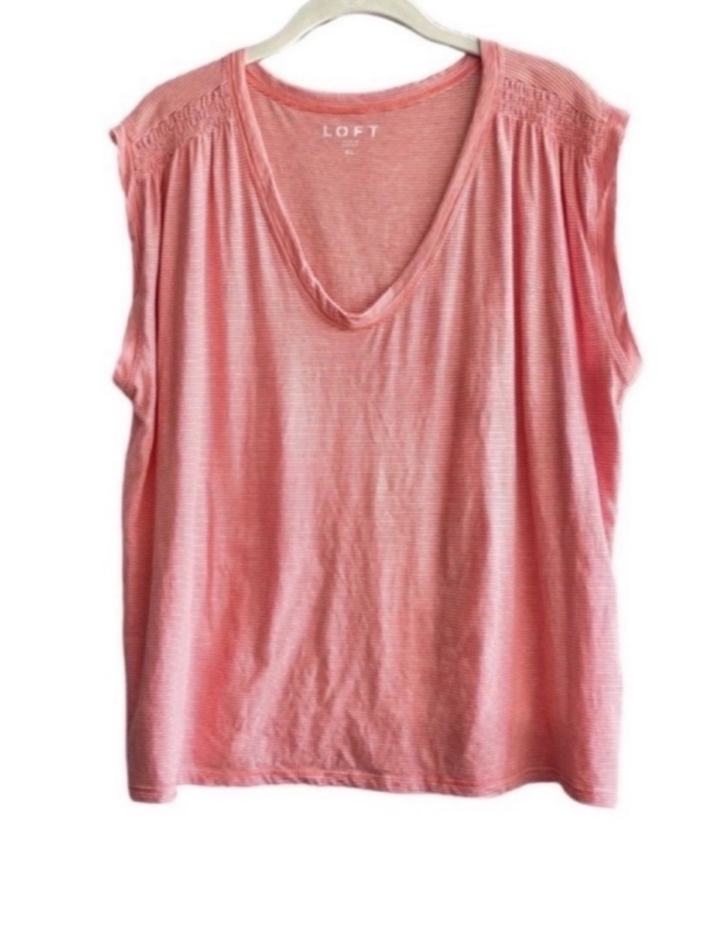 LOFT V-neck Tee Short Cap Sleeve 100% Cotton Knit Orange Pink White Size XL
